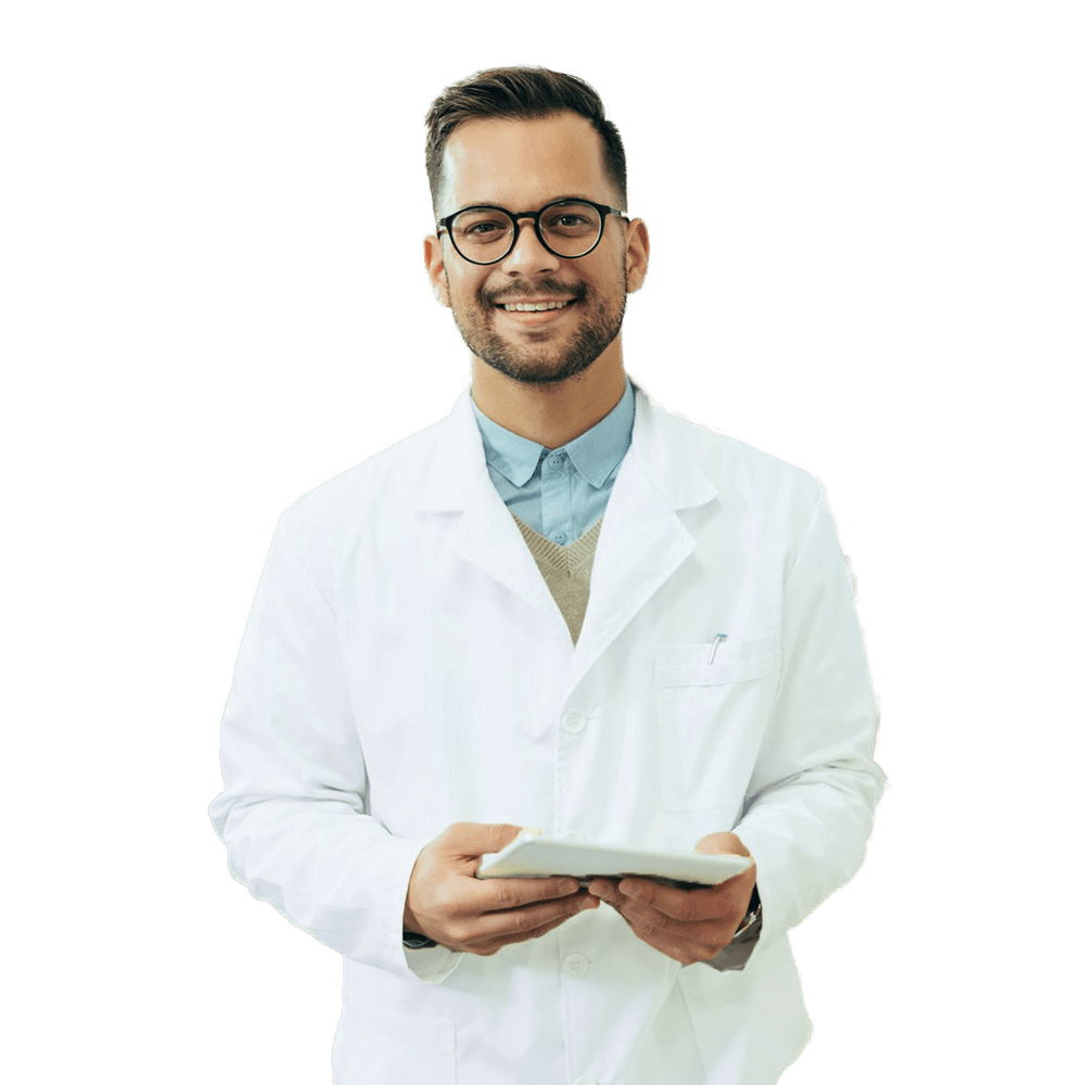 A man in white lab coat holding a tablet.